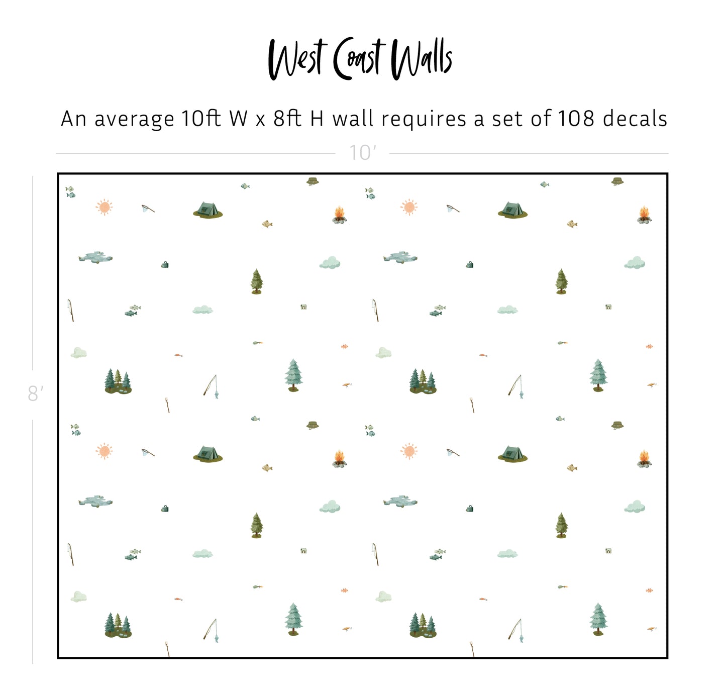 A white wall decal pattern sheet labeled 'West Coast Walls' with text stating an average 10ft x 8ft wall requires a set of 108 decals. The sheet shows a repeating coastal landscape pattern with small pine trees, fishing rods, lures, campfirees, tents, pond decals and sun motifs on a white background.