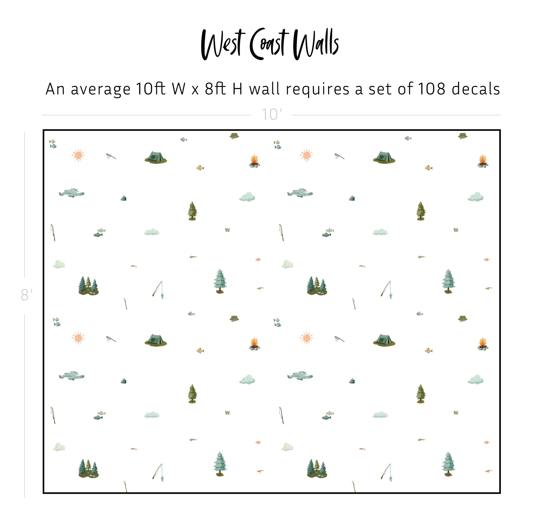 A white wall decal pattern sheet labeled 'West Coast Walls' with text stating an average 10ft x 8ft wall requires a set of 108 decals. The sheet shows a repeating coastal landscape pattern with small pine trees, fishing rods, lures, campfirees, tents, pond decals and sun motifs on a white background.