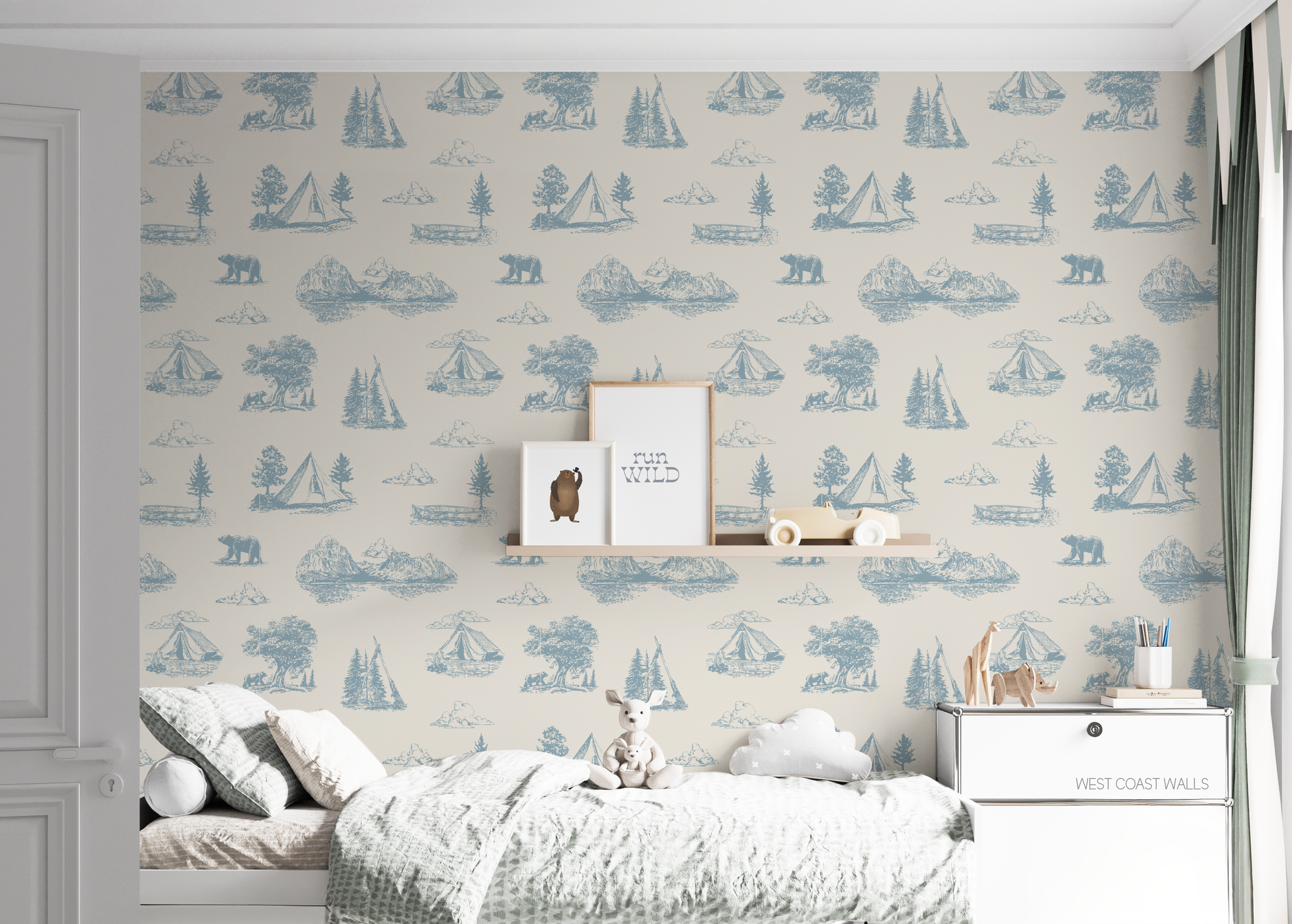 Young boy's bedroom with nature themed wallpaper in soft blue and off white color.