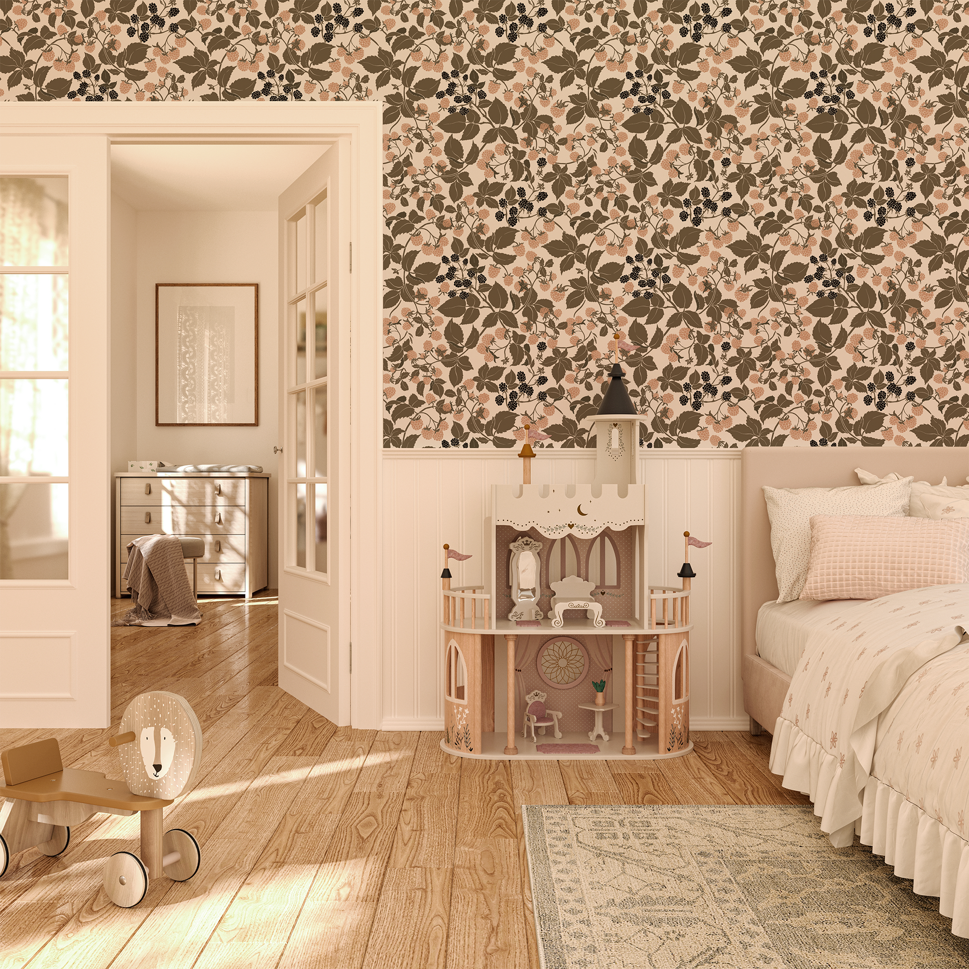 Children's room with pink and green floral berry wallpaper, dollhouse, and toys on a wooden floor.