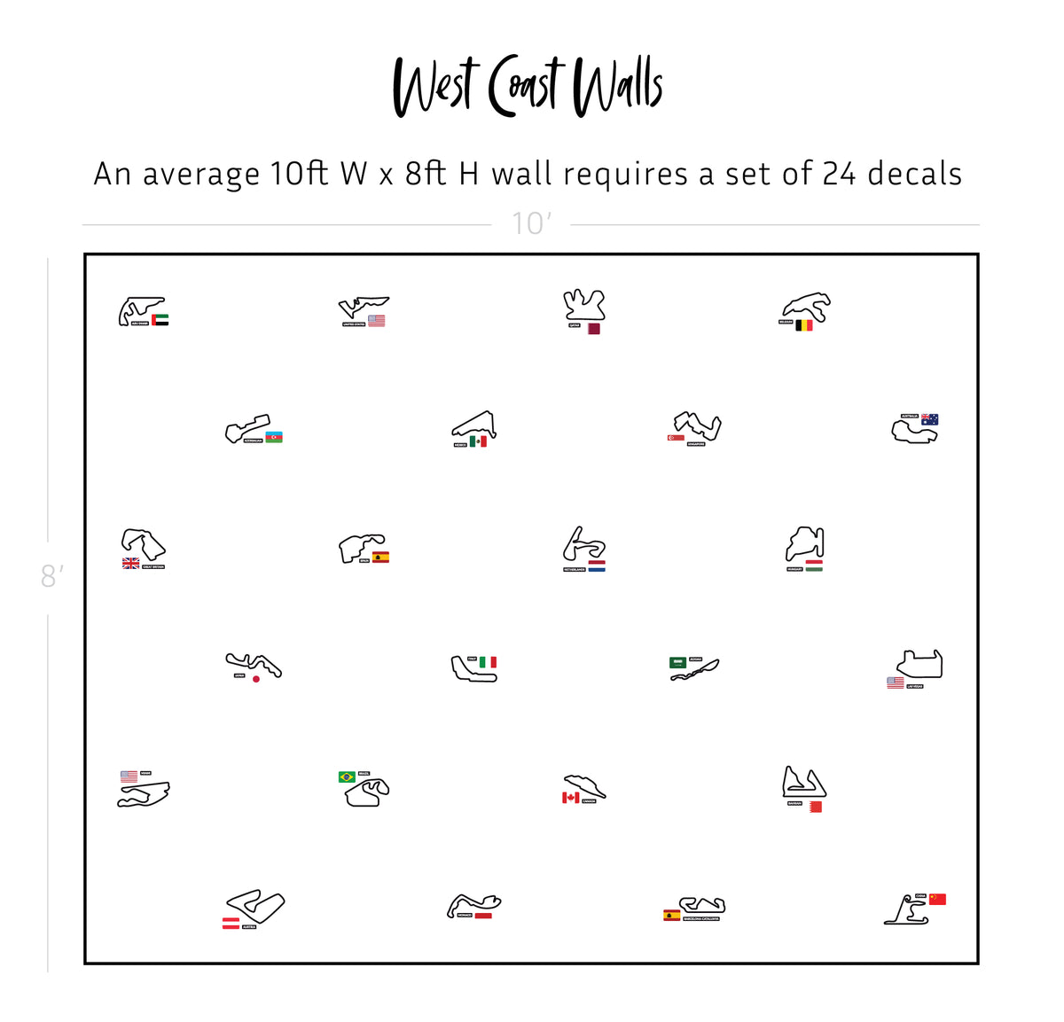 A product layout diagram for West Coast Walls wall decals, showing a grid of 24 small black-and-white racetrack decals with small flag accents on a white background. Text at the top reads 'West Coast Walls' and 'An average 10ft W x 8ft H wall requires a set of 24 decals'.