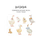 A product graphic for 'West Coast Walls' Storybook Duckling Decals, showing seven watercolor-style duckling illustrations on a white background with dimension lines showing the range of scale. The decals in this image range from 2.7"x3" to 4"x7". 