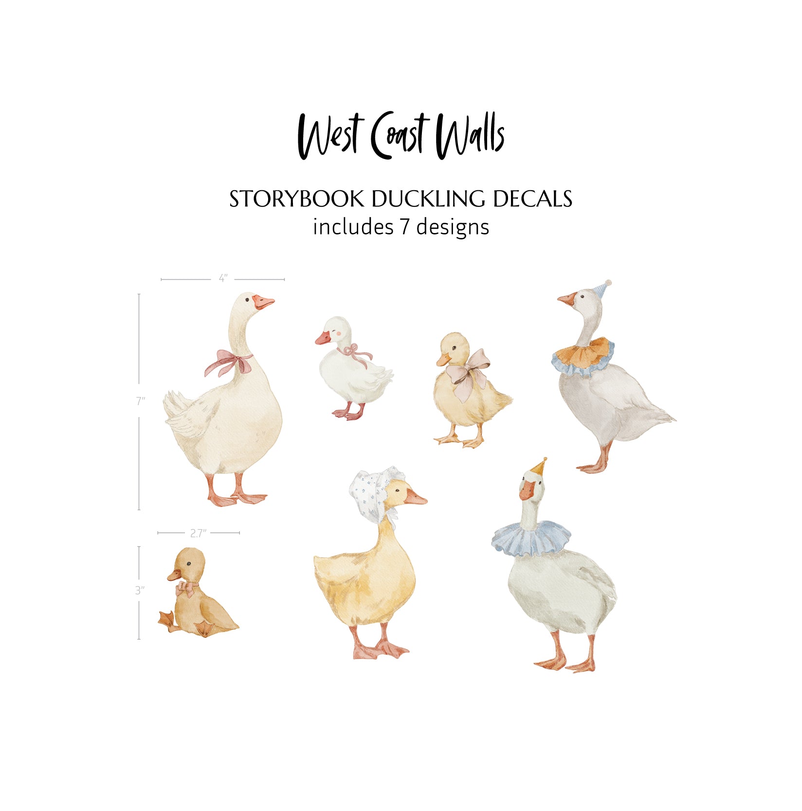 A product graphic for 'West Coast Walls' Storybook Duckling Decals, showing seven watercolor-style duckling illustrations on a white background with dimension lines showing the range of scale. The decals in this image range from 2.7"x3" to 4"x7". 