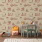 Kid's playroom with outdoors themed wallpaper in a rusty red color with beige background.