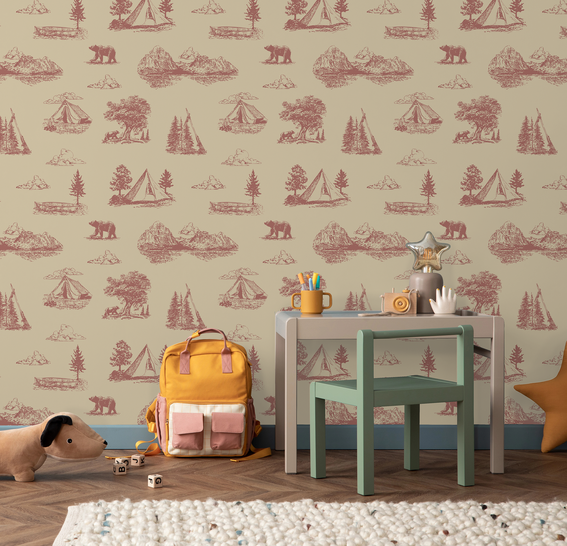 Kid's playroom with outdoors themed wallpaper in a rusty red color with beige background.