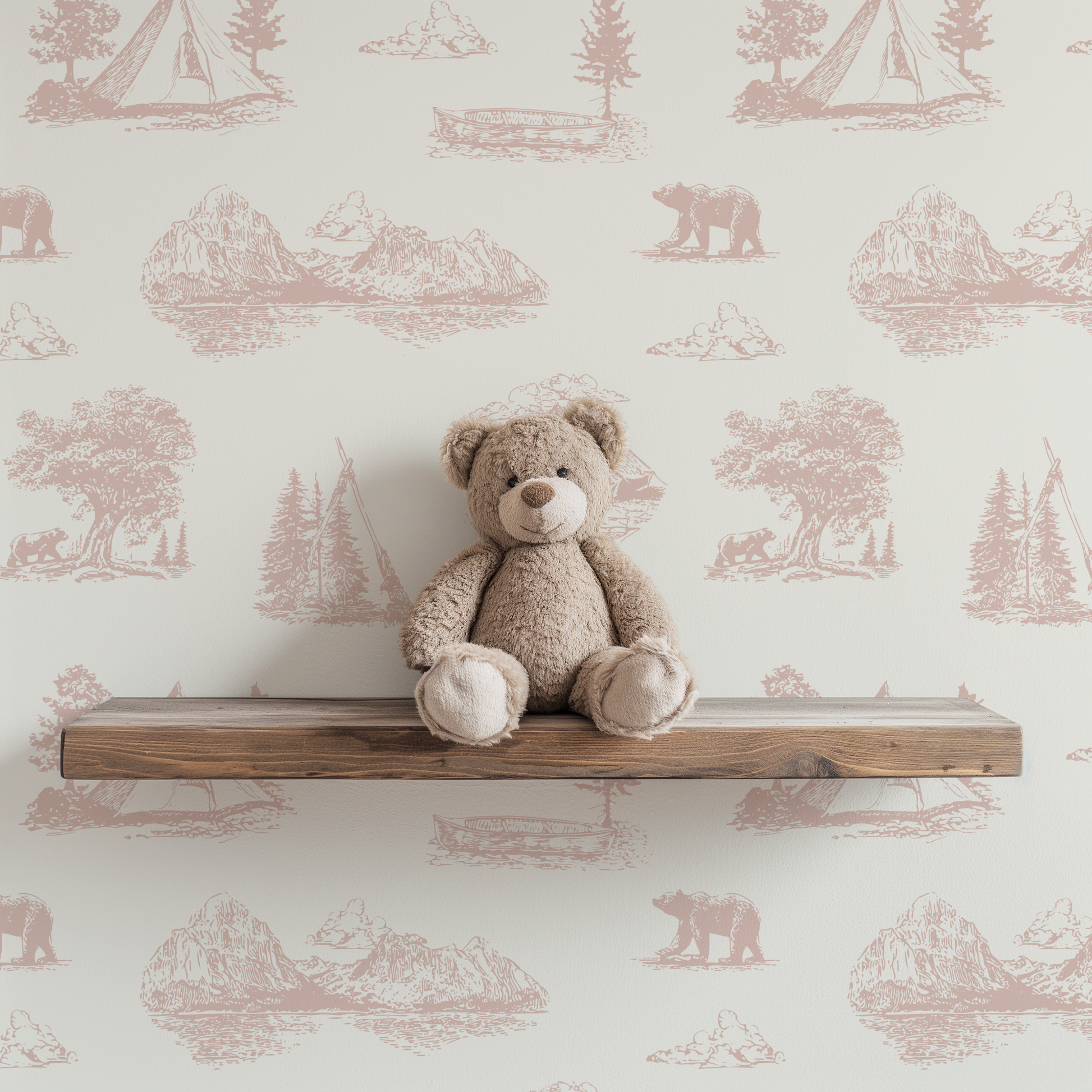 Teddy bear on a wooden shelf with pink outdoors themed wallpaper
