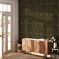 Modern entryway with wooden sideboard against a dark botanical patterned wall