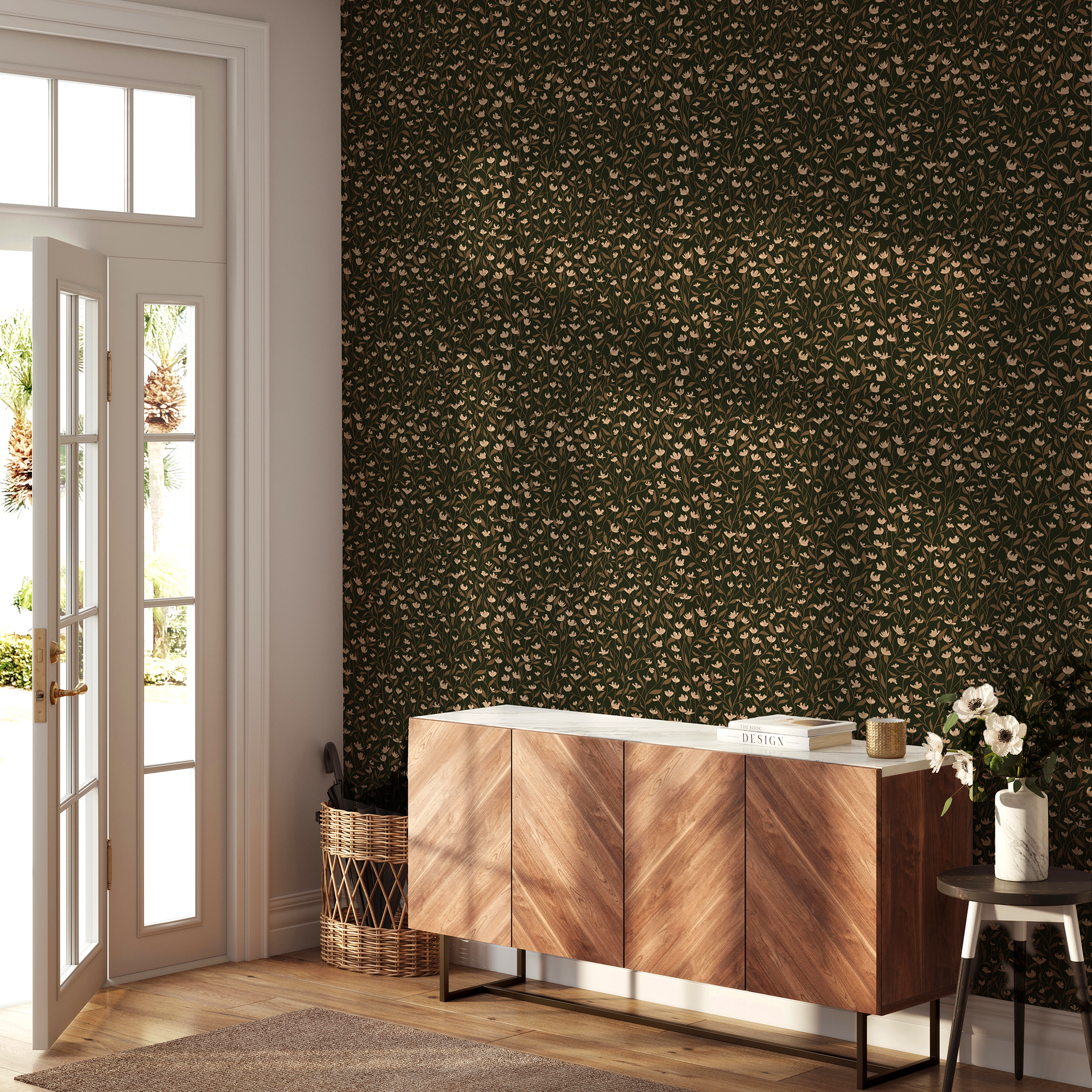 Modern entryway with wooden sideboard against a dark botanical patterned wall