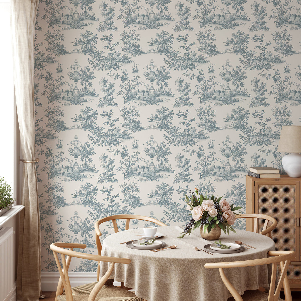 Blue Countryside Toile Wallpaper