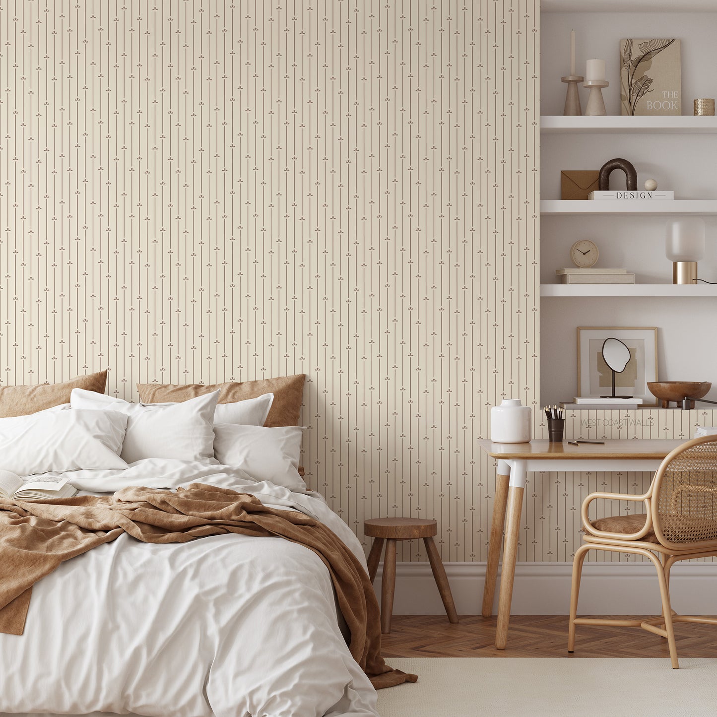 Contemporary style bedroom with neutral warm tones with warm beige wallpaper with thin stripes and scattered motifs.