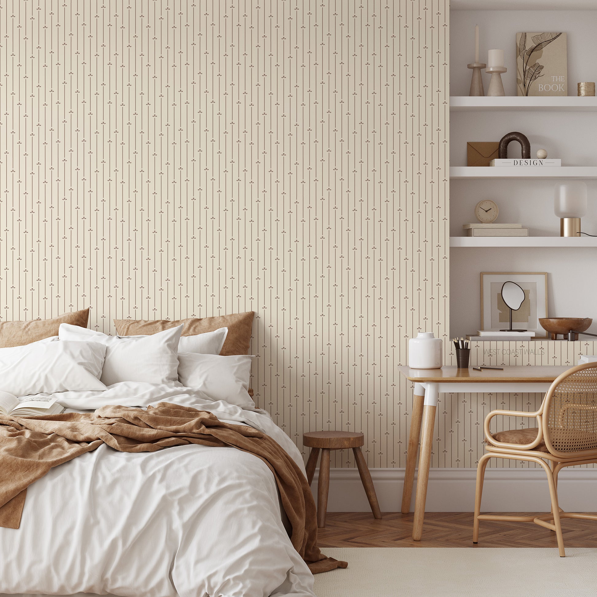 Contemporary style bedroom with neutral warm tones with warm beige wallpaper with thin stripes and scattered motifs.