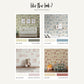 Colour reference for Pacific Northwest Wallpaper listing images: Nursery with Crib styled with Pear as background and Cement as design color, Boy's bedroom styled with Dune as background and Vintage Blue as design color, close up of teddy bear on shelf styled with Muslin as background color and Castillian Pink as design color, Kid's warm toned playroom is styled with Oat background and Terracotta design color.