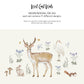 Woodland animal decals including a deer, rabbit, and bird on a white background with text about product details.