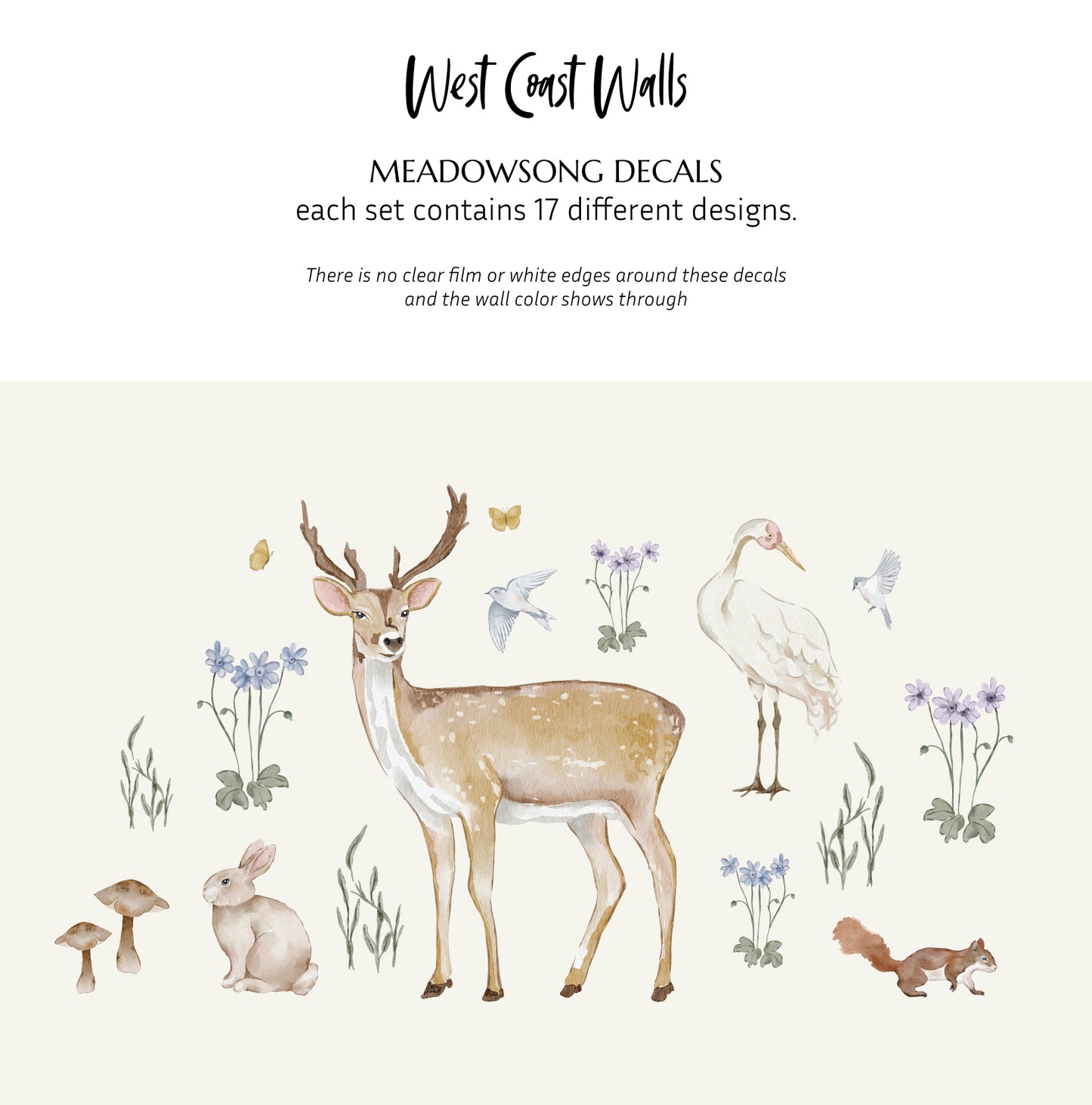 Woodland animal decals including a deer, rabbit, and bird on a white background with text about product details.