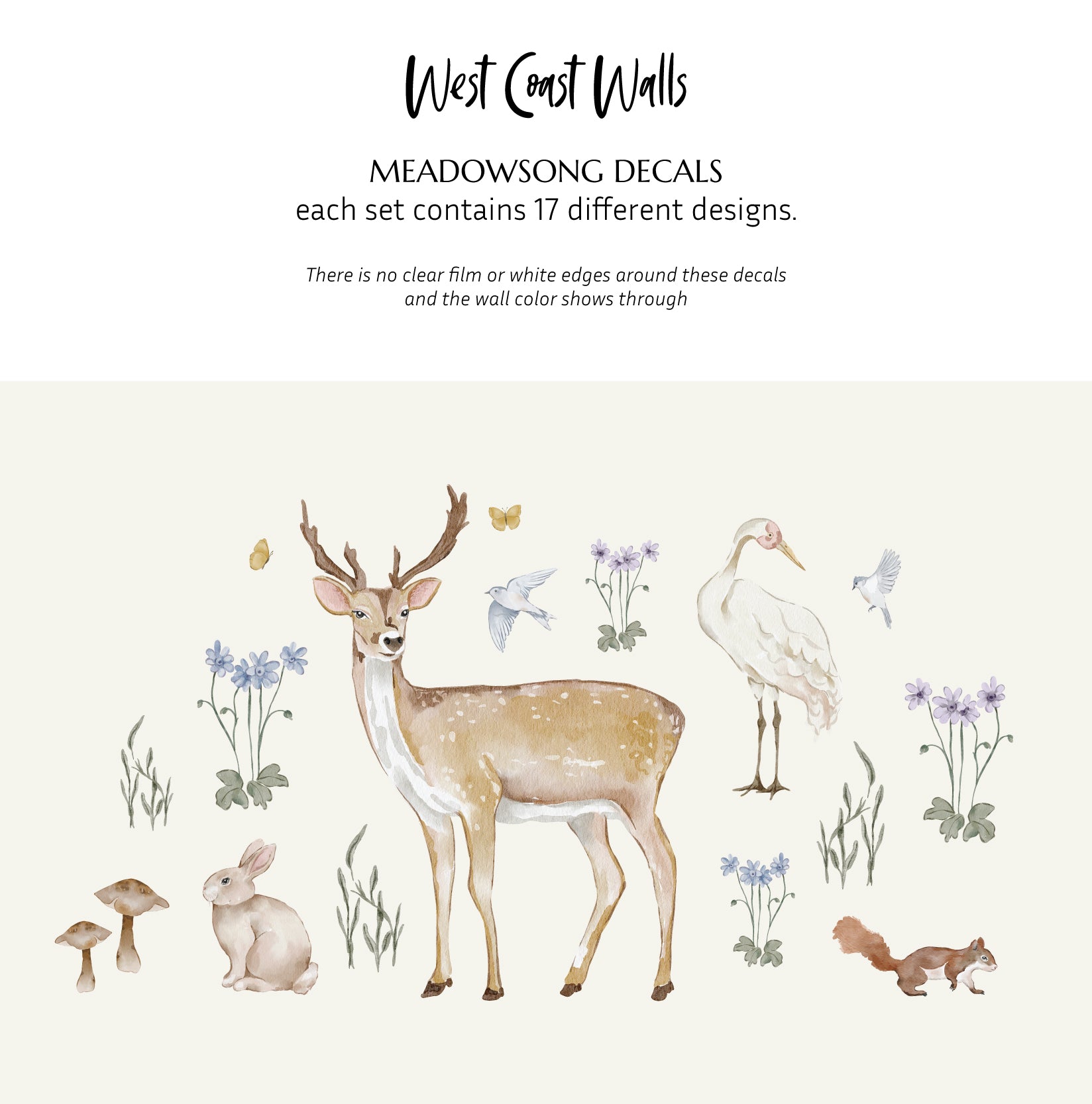 Woodland animal decals including a deer, rabbit, and bird on a white background with text about product details.