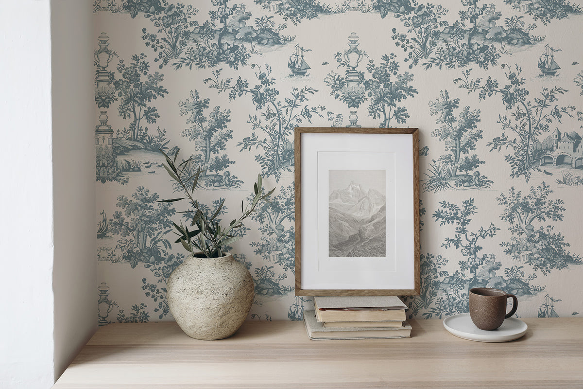 Blue Countryside Toile Wallpaper
