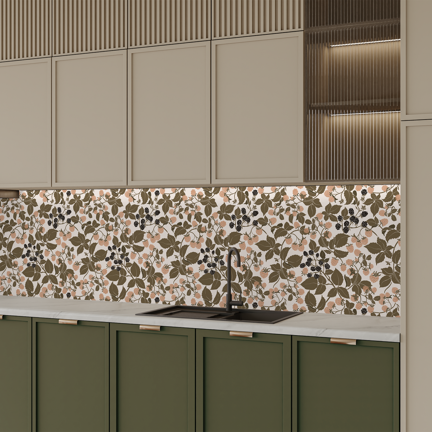 Modern kitchen with green cabinets, soft pink and green floral patterned wallpaper and modern faucet.