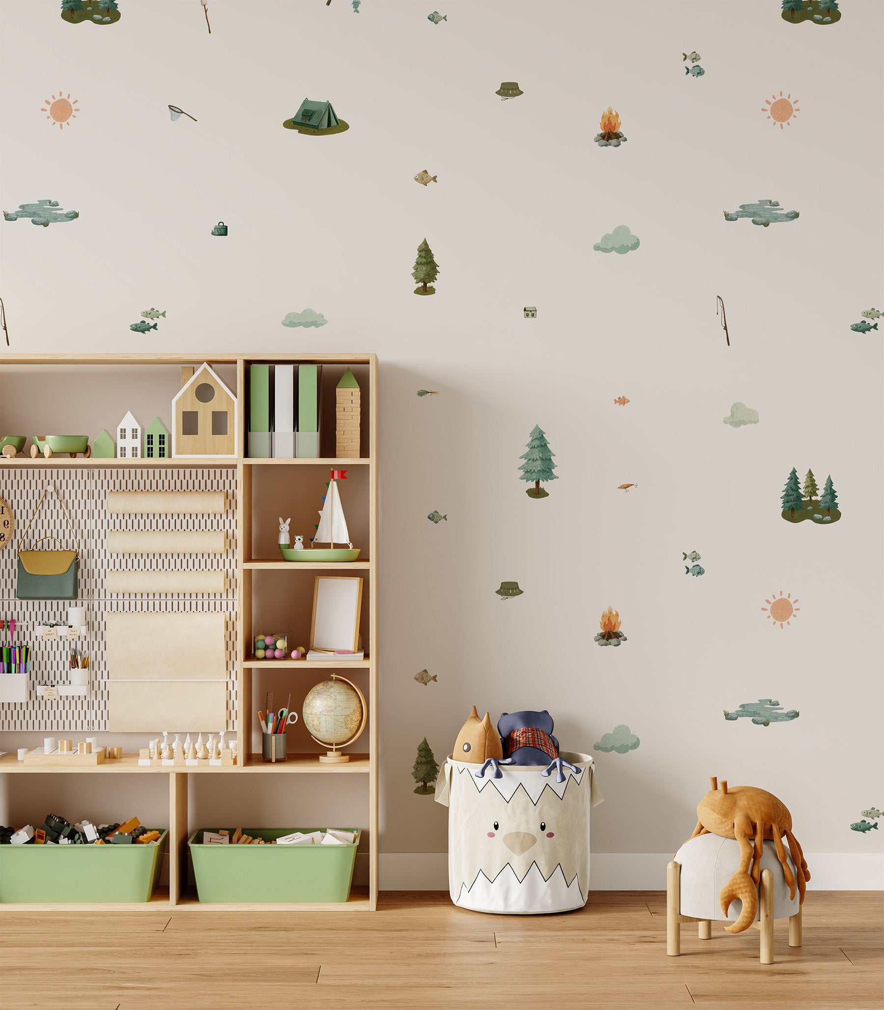 A styled children's room corner with a light wood shelving unit with storage bins set against a wall covered in whimsical camping and fishing-themed wall decals including fish, campfires, tents, ponds, trees, clouds, suns, and tents.