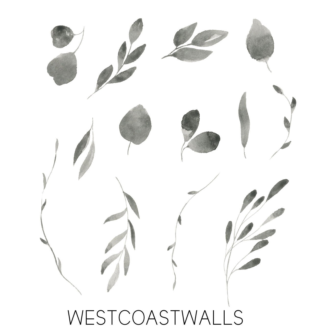 Black Botanical Floral Watercolour Leaves Wall Decals