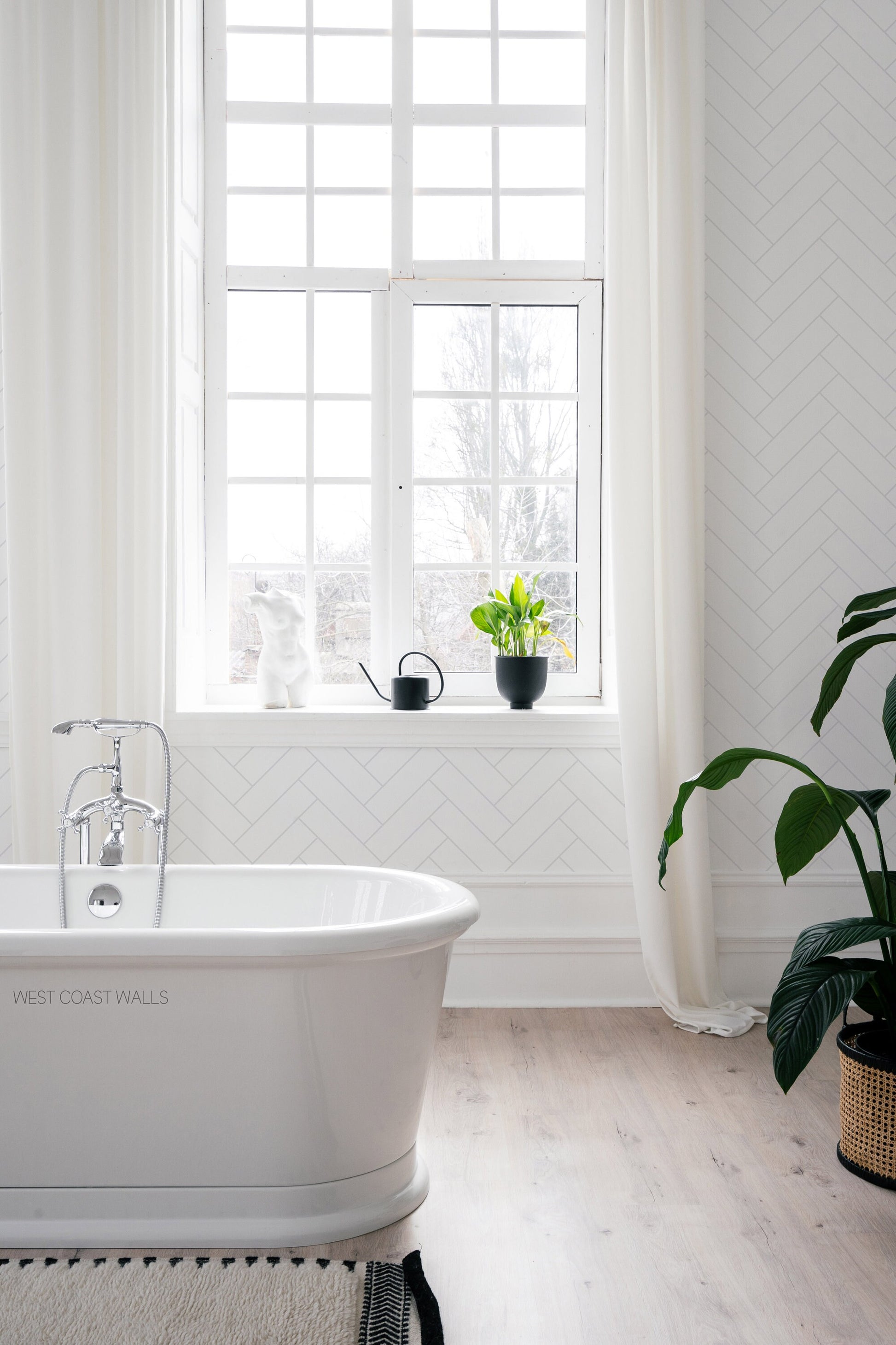 White Herringbone Tile Wallpaper