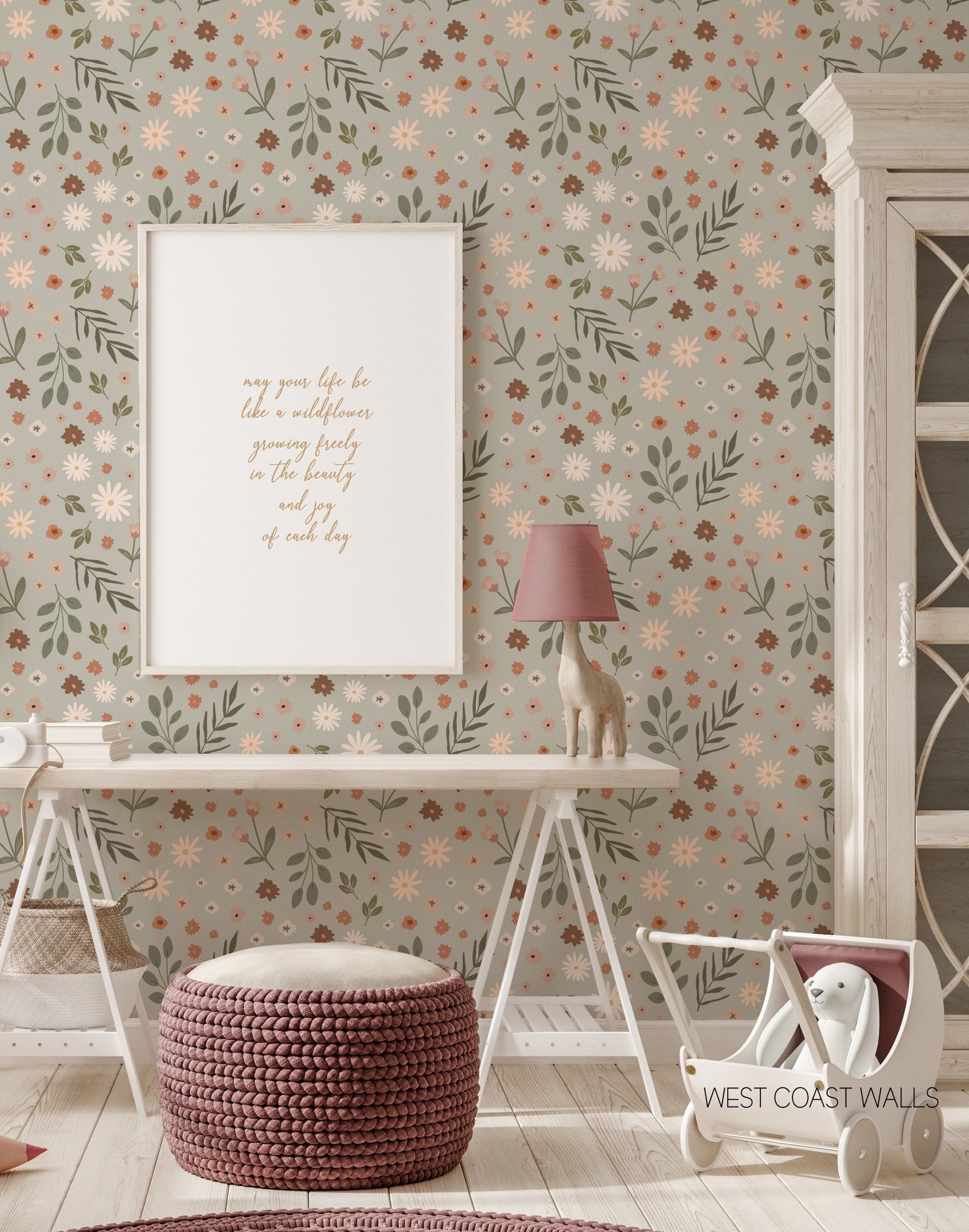 Neutral Whimsical Meadow Blooms Wallpaper