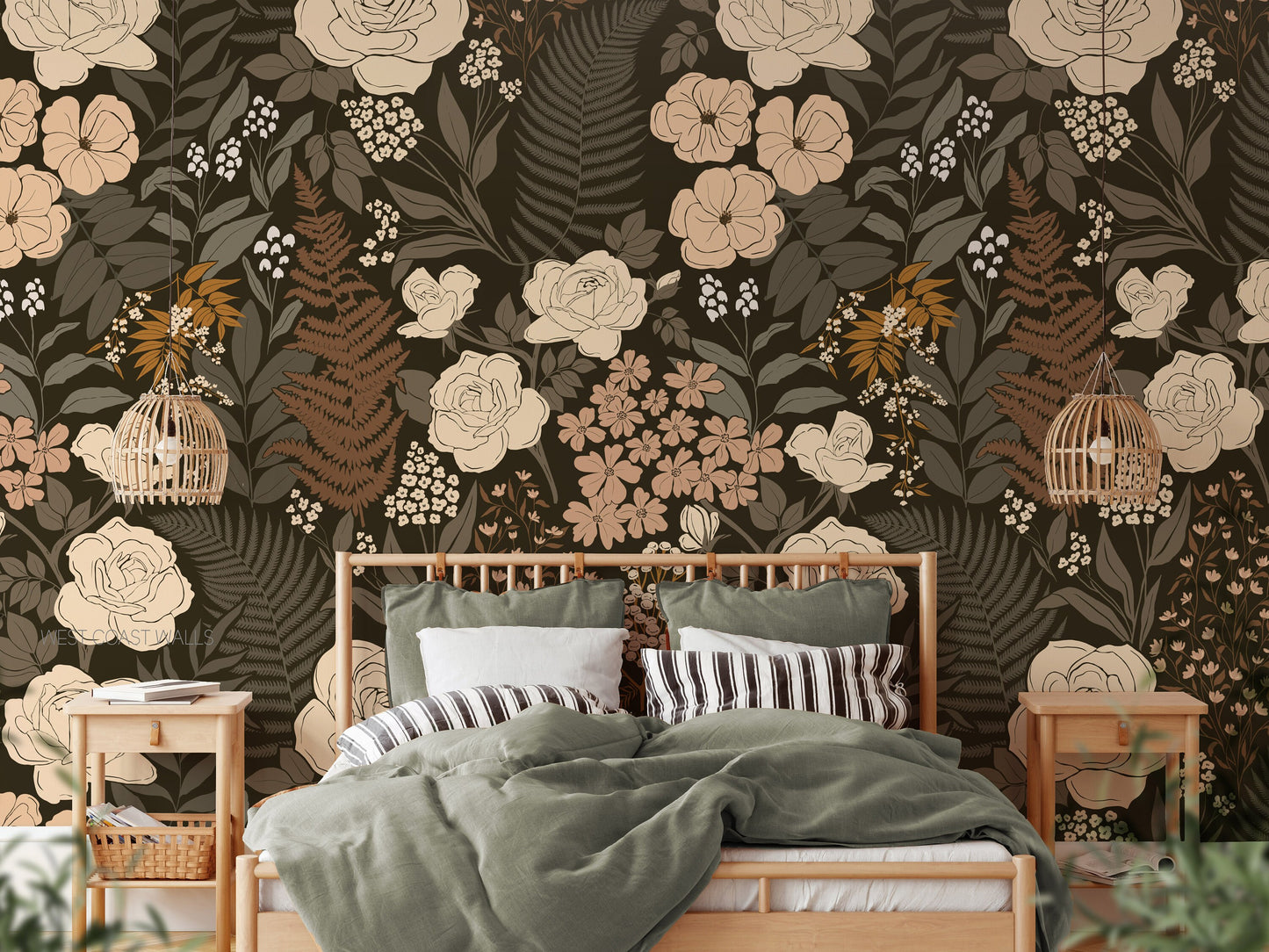 CLEARANCE Green and White Whimsical Wildflower Wallpaper