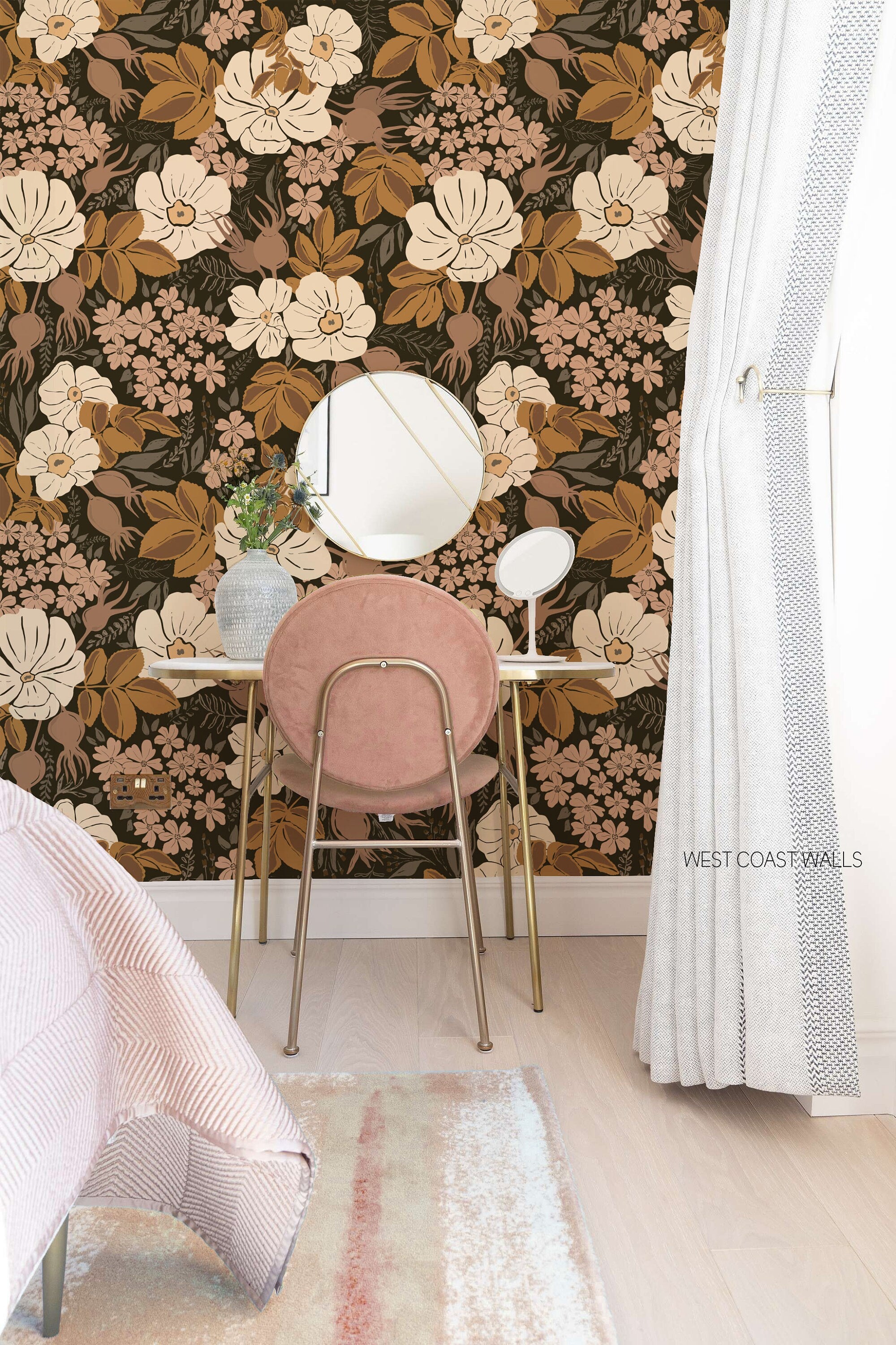 Brown and Pink Whimsical Floral Wallpaper – West Coast Walls