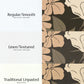 side by side comparison of different finishes of wallpaper - regular/smooth which is brighter and matte, linen/textured which has a texture and is a bit warmer in color, and traditional unpasted which requires paste and is the warmest in saturation