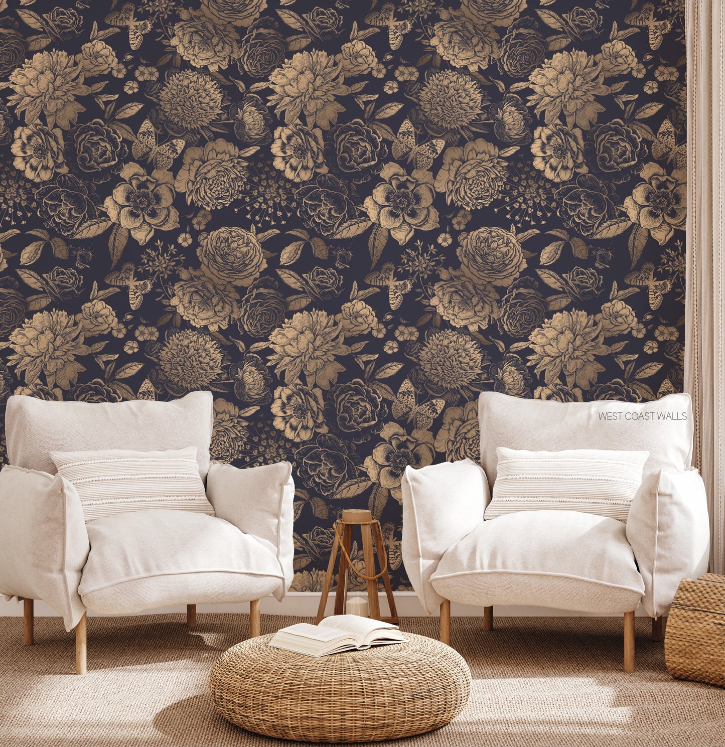 Golden Floral Wallpaper / Floral Wallpaper / Botanical Wallpaper / Non-metallic Gold Wallpaper / Luxurious Wallpaper
