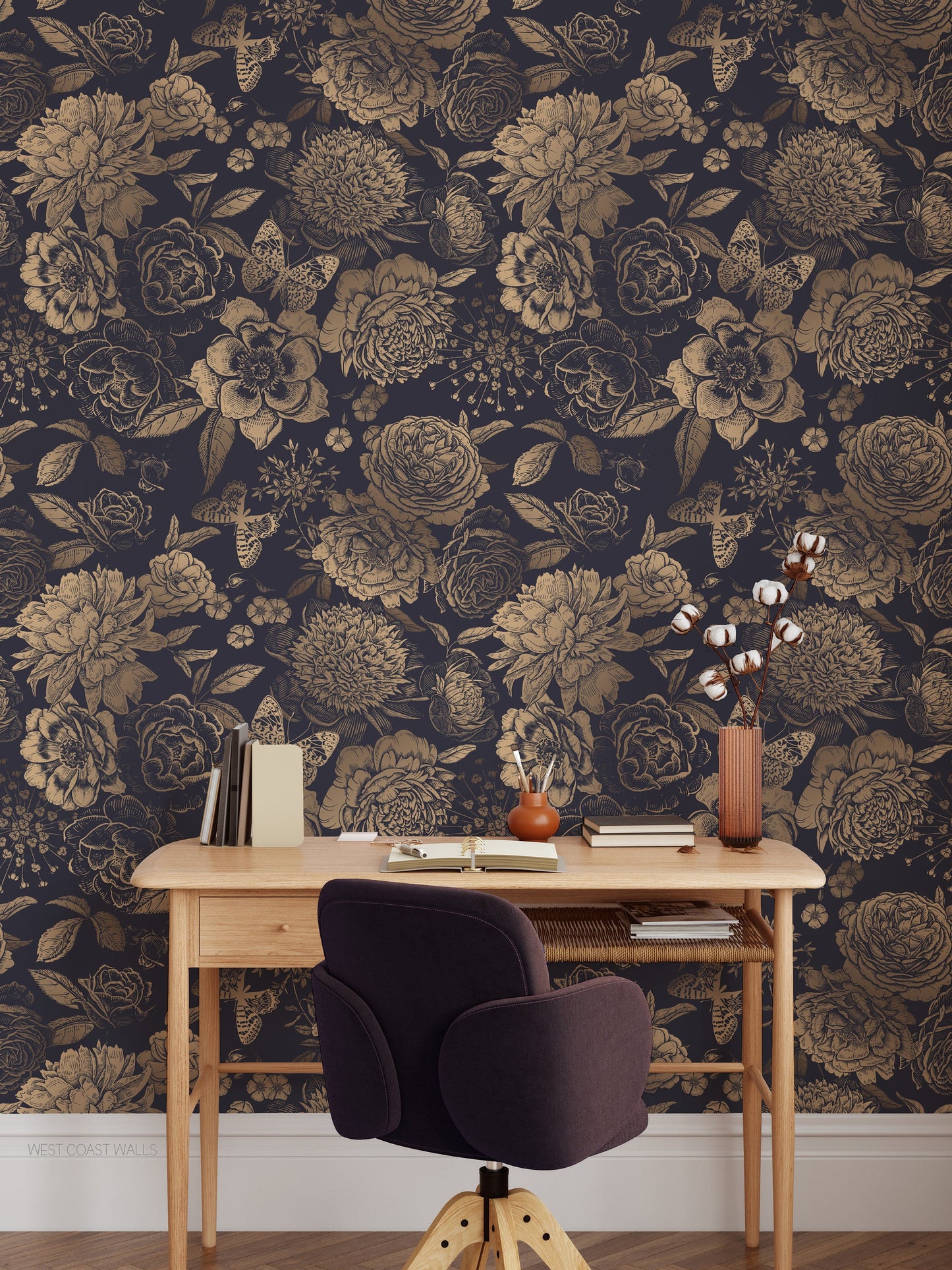 Golden Floral Wallpaper / Floral Wallpaper / Botanical Wallpaper / Non-metallic Gold Wallpaper / Luxurious Wallpaper