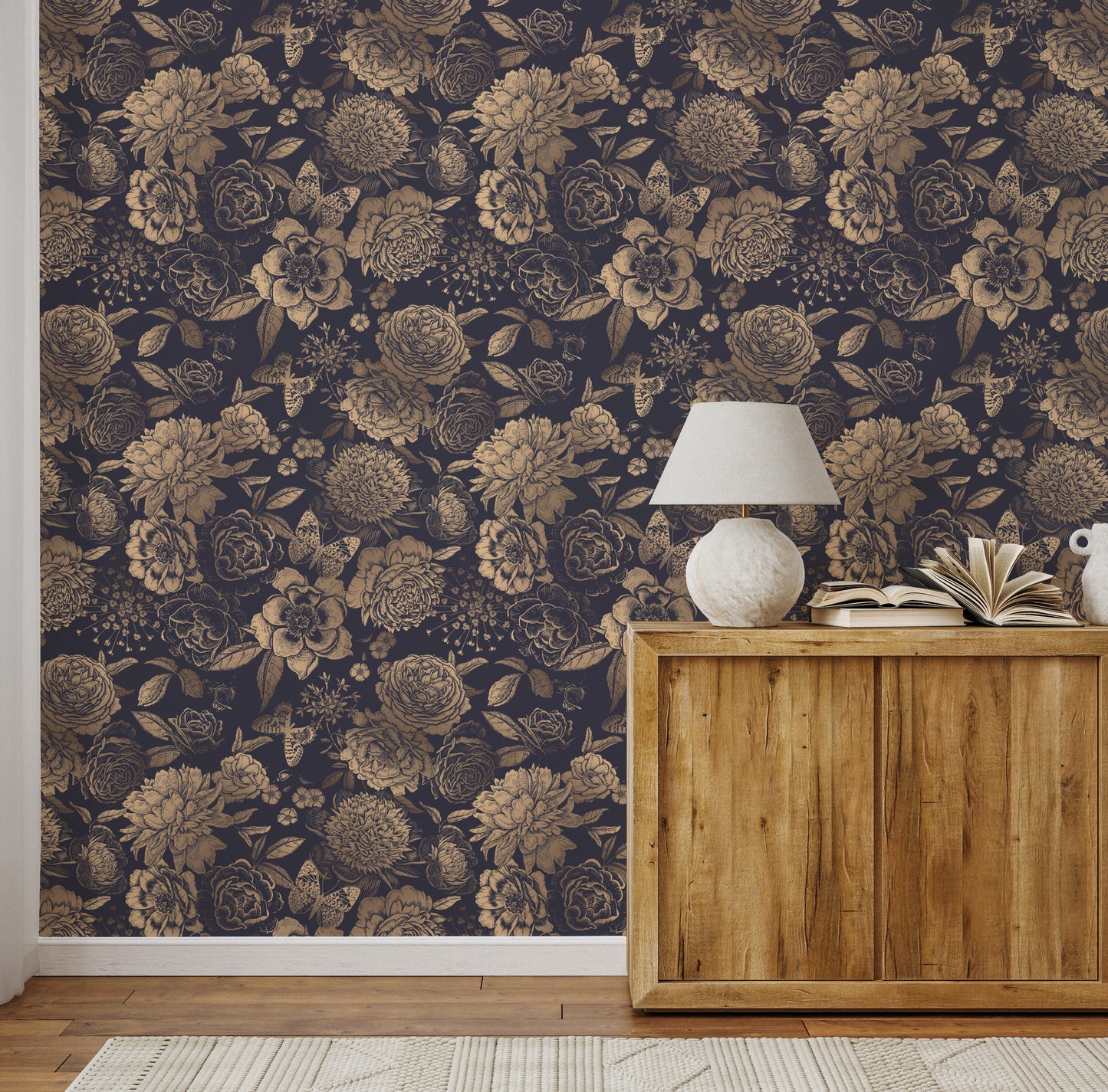 Golden Floral Wallpaper / Floral Wallpaper / Botanical Wallpaper / Non-metallic Gold Wallpaper / Luxurious Wallpaper