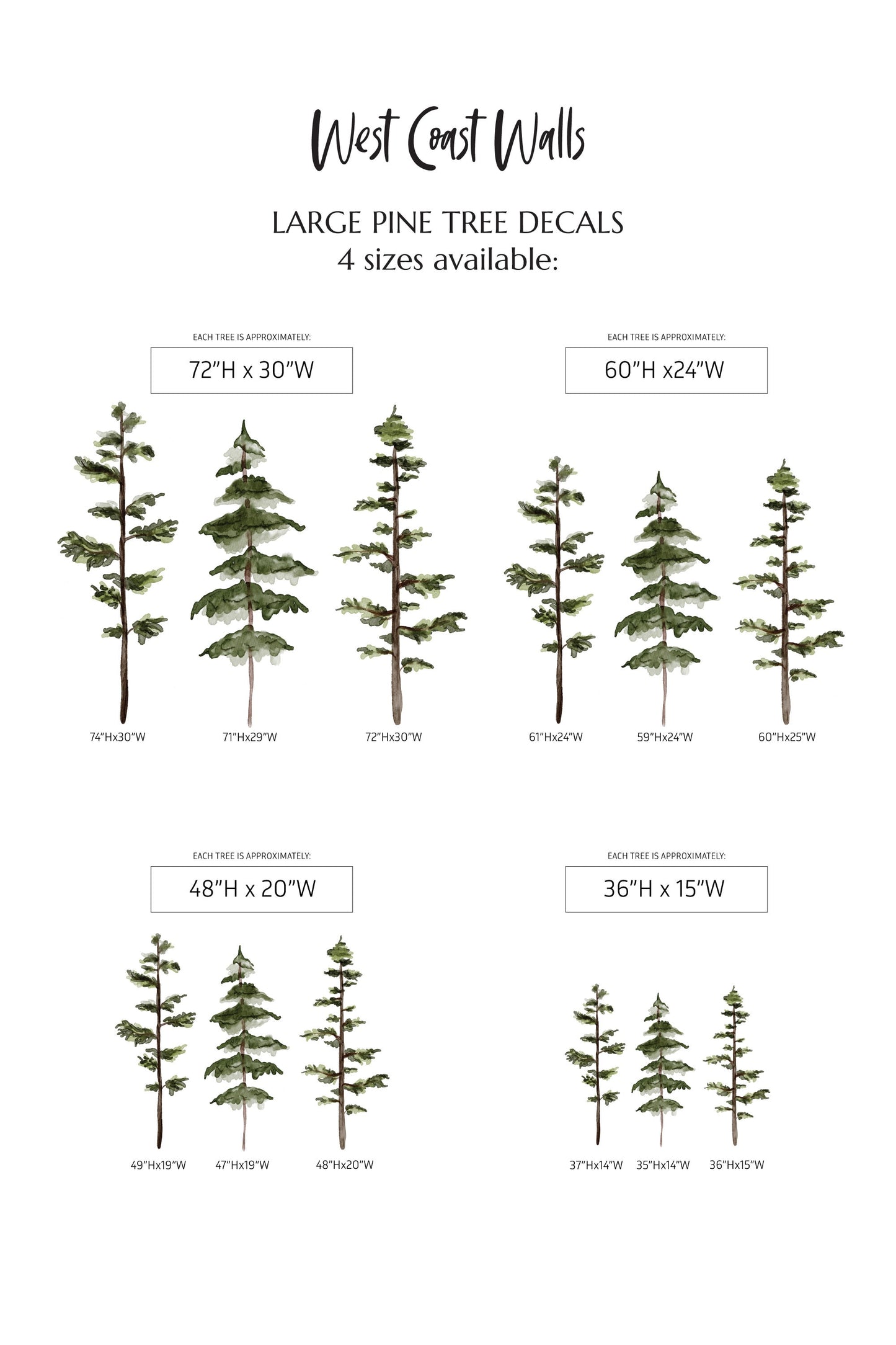 Large Watercolor Pine Tree Removable Wall Decal