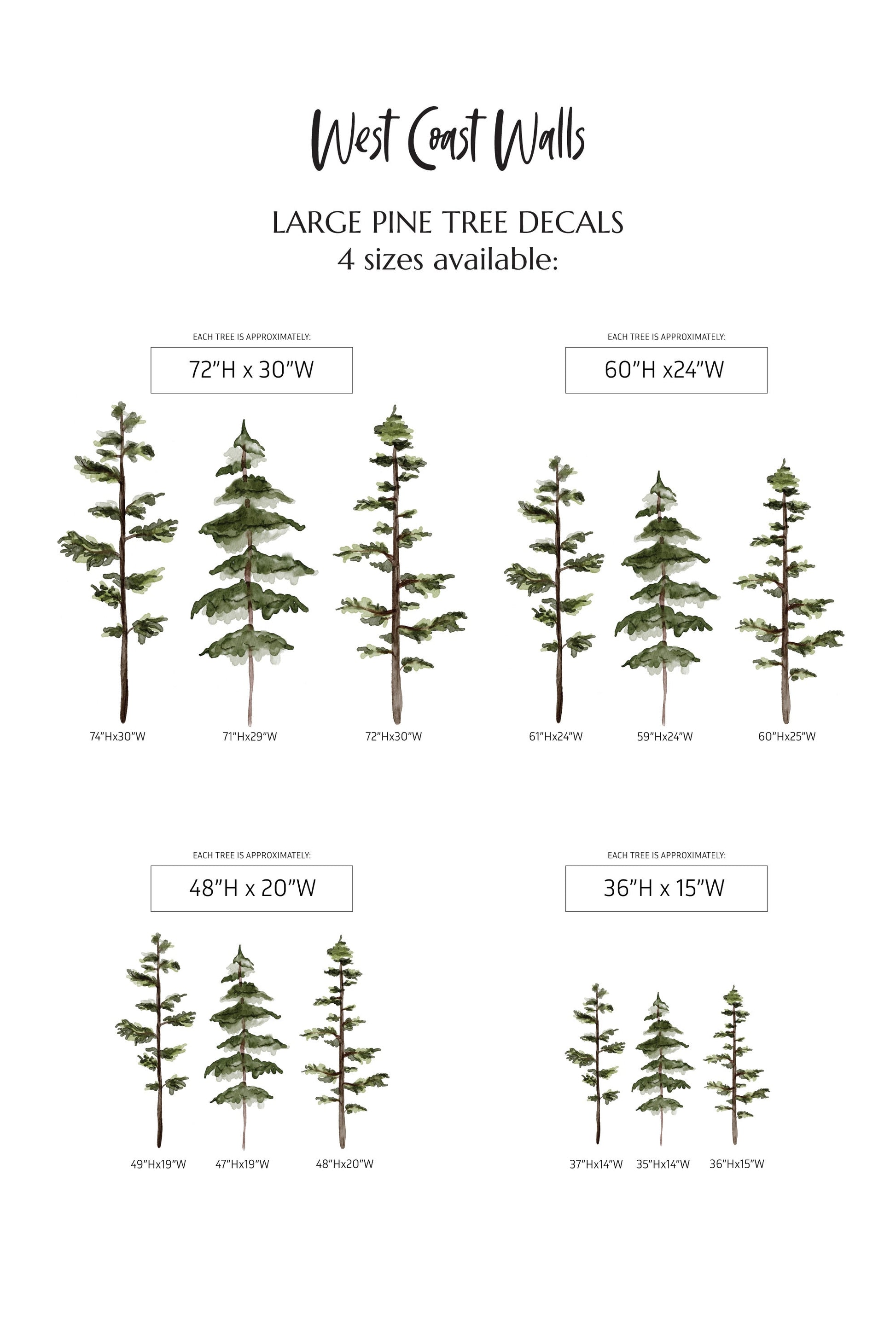 Large Watercolor Pine Tree Removable Wall Decal