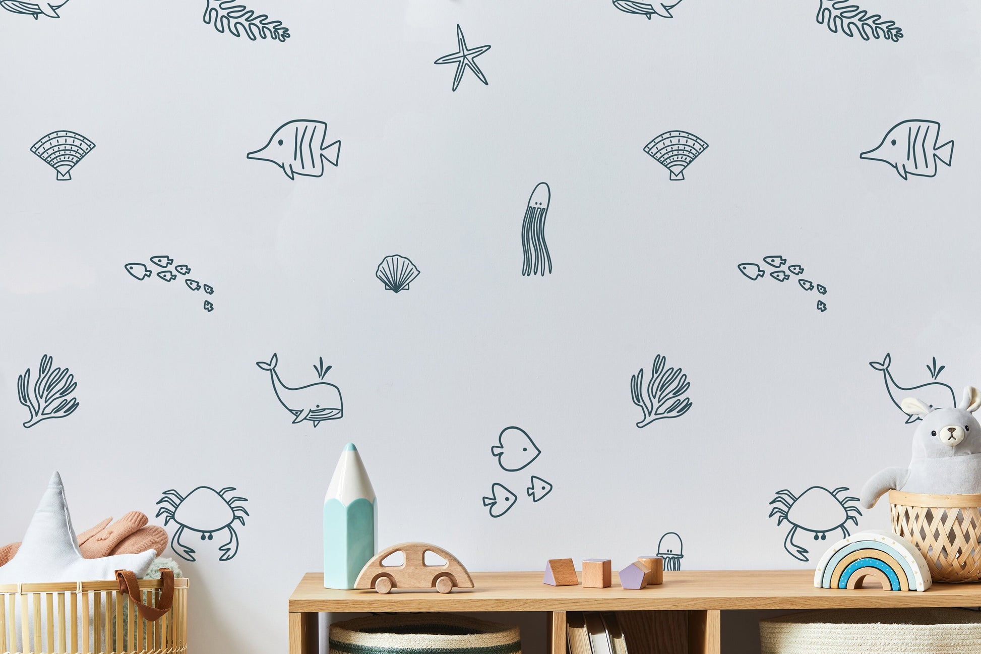 Minimalist Sea Animals Removable Wall Decals / Under the Sea Decor / Ocean Wall Stickers / Sea Creature Stickers / Muted Sea Animals
