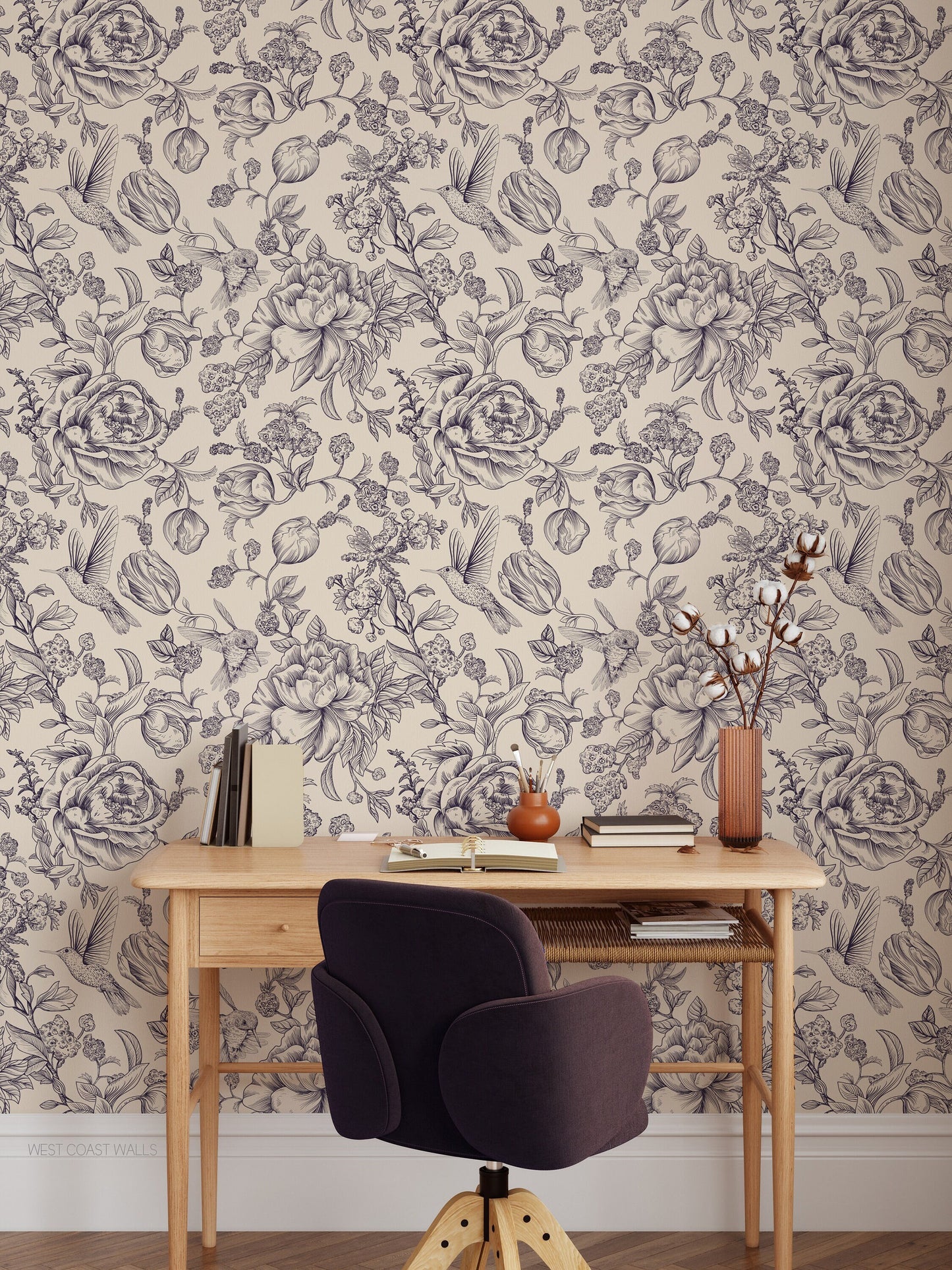 Hummingbird Blooms Wallpaper - Alternate Colours Available / Vintage Floral Design / Floral Feature Wall / Hand Drawn Floral
