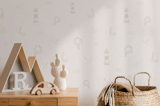 Sketched Vintage Nautical Wallpaper / Sailboat Wallpaper / Sea Wallpaper / Anchor Wallpaper / Lighthouse / Boys Room / Ocean Theme