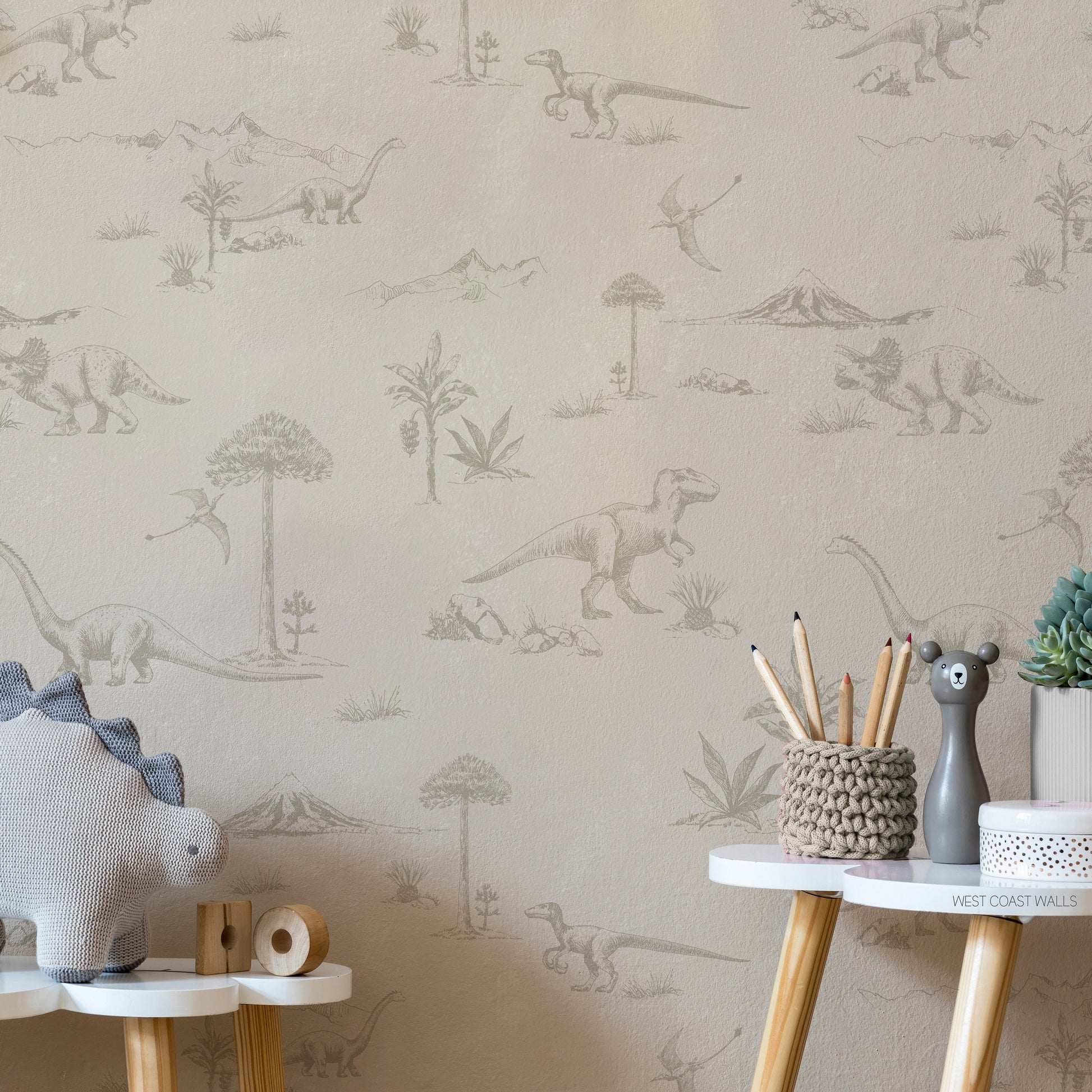 Neutral Dinosaur Toile Wallpaper