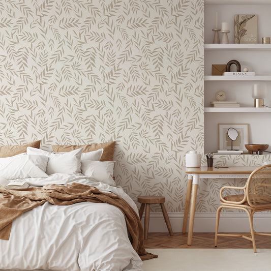 Creamy Brown Fern Leaves Wallpaper / Palm Wallpaper / Peel and Stick Wallpaper / Neutral Nursery / Neutral Walls / Leaf Wallpaper