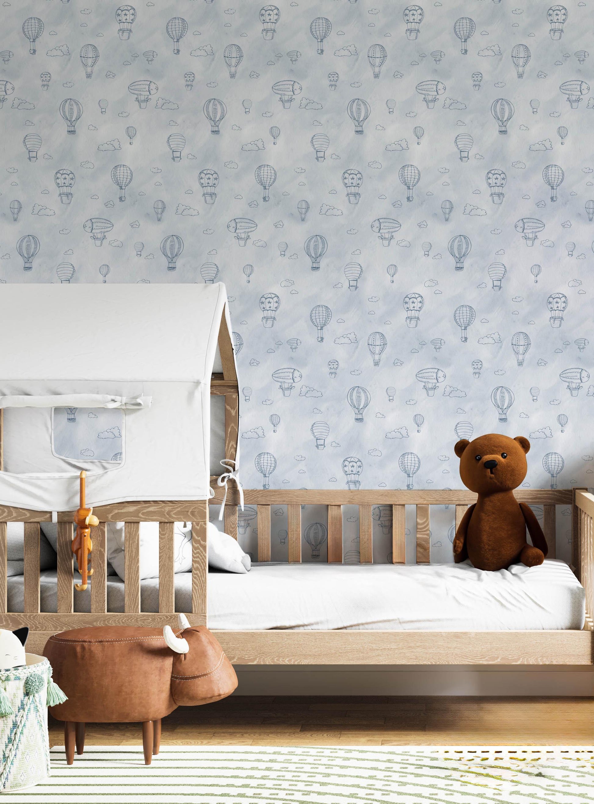Cute and Whimsical Hot Air Balloon Wallpaper in Blue