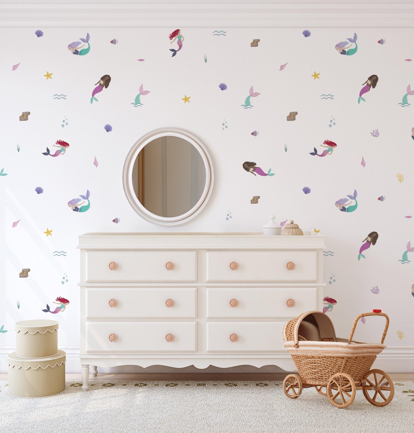 Multicultural Mermaid Decals featuring a black mermaid, a mermaid with red hair and a mermaid with purple hair with other under the sea elements