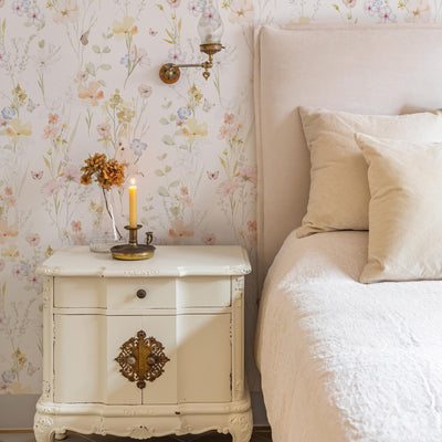 Hand painted Wildflower wallpaper with soft pink, green and blue tones with butterfly accents
