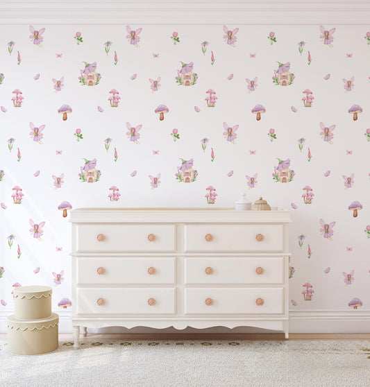 Enchanted garden fairy wall decals in shades of purple and pink. Featuring mushrooms, flowers and fairies