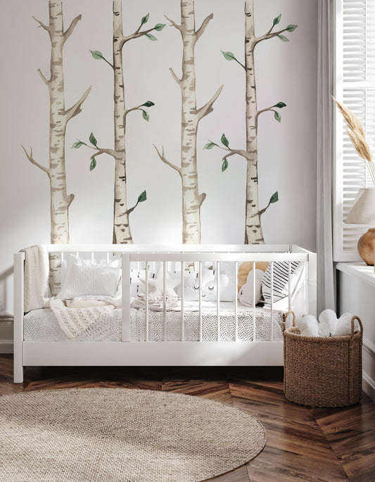 large watercolor birch trees for a kids room wall decor featuring muted tones and soft green leaves