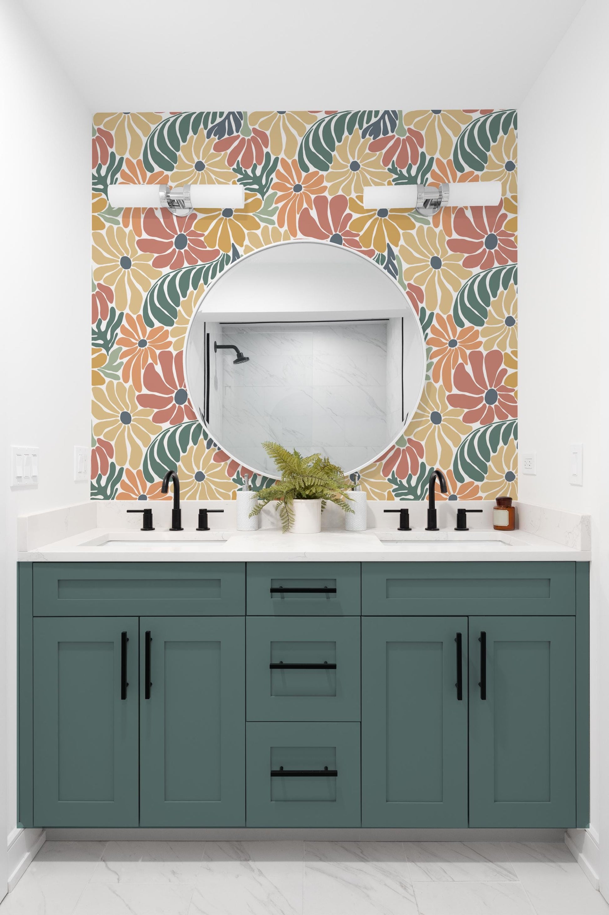 colourful bathroom wallpaper with bold floral blooms as a feature wall