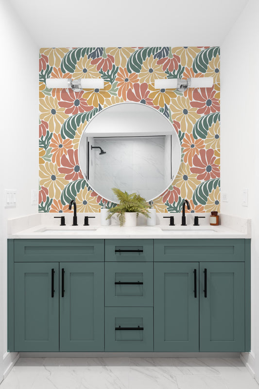 colourful bathroom wallpaper with bold floral blooms as a feature wall