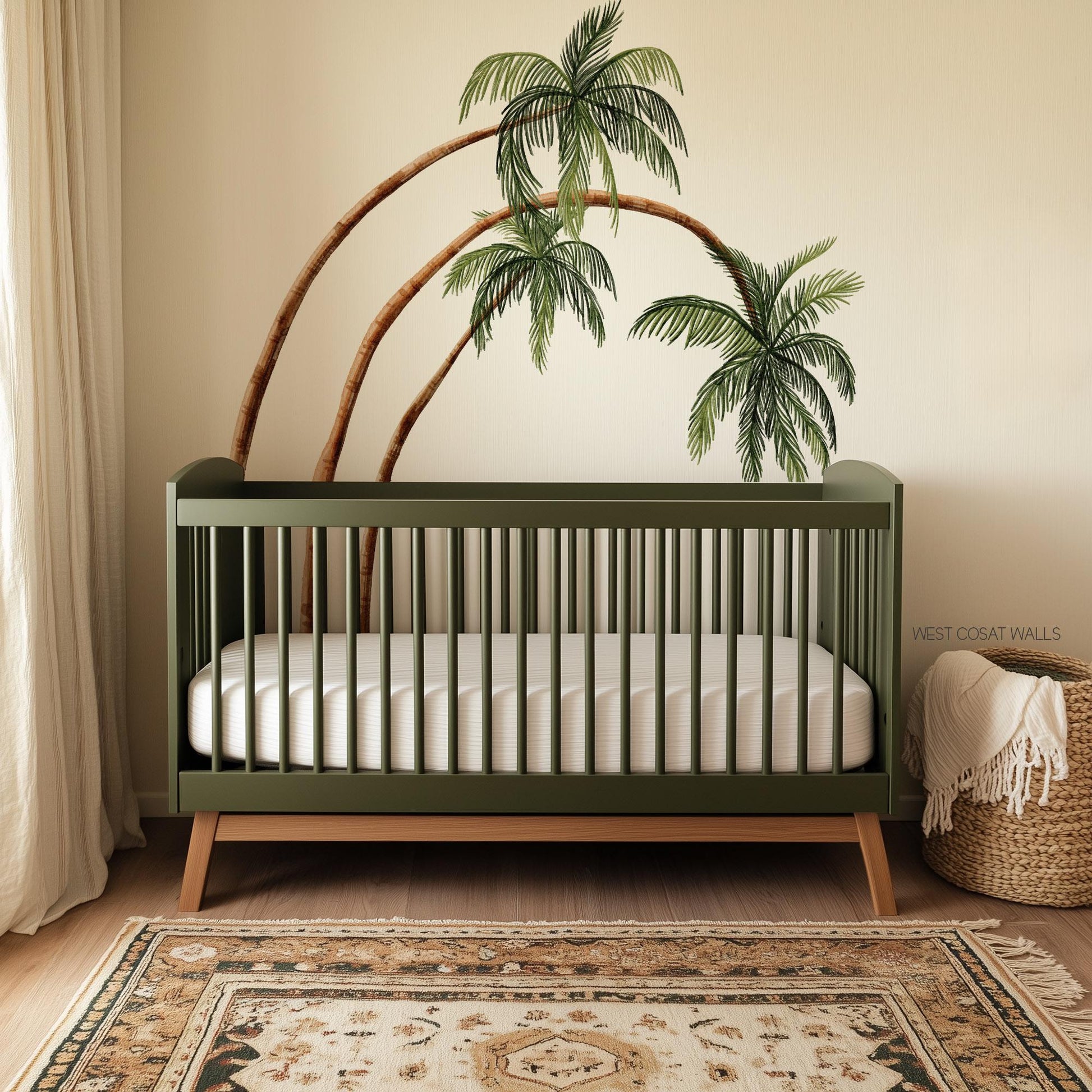 watercolor palm trees in a neutral boho nursery