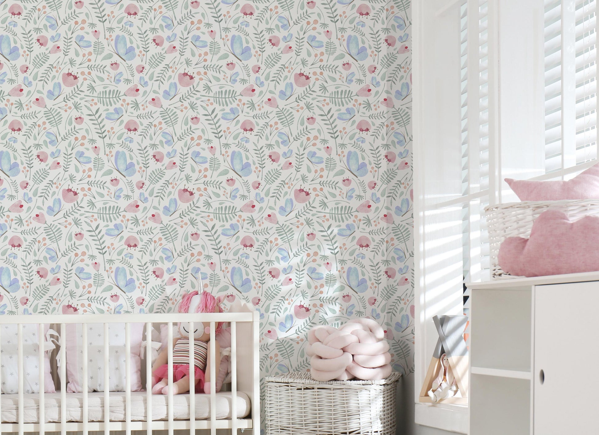 Annie Whimsical Floral Wallpaper / Whimsical Wallpaper / Butterfly Wallpaper / Pastel Wallpaper / Nursery Decor / Nursery Wall