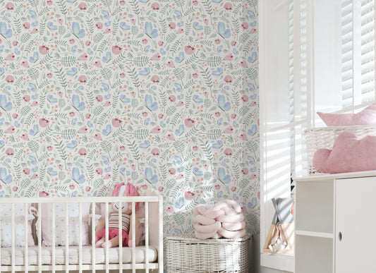 Annie Whimsical Floral Wallpaper / Whimsical Wallpaper / Butterfly Wallpaper / Pastel Wallpaper / Nursery Decor / Nursery Wall