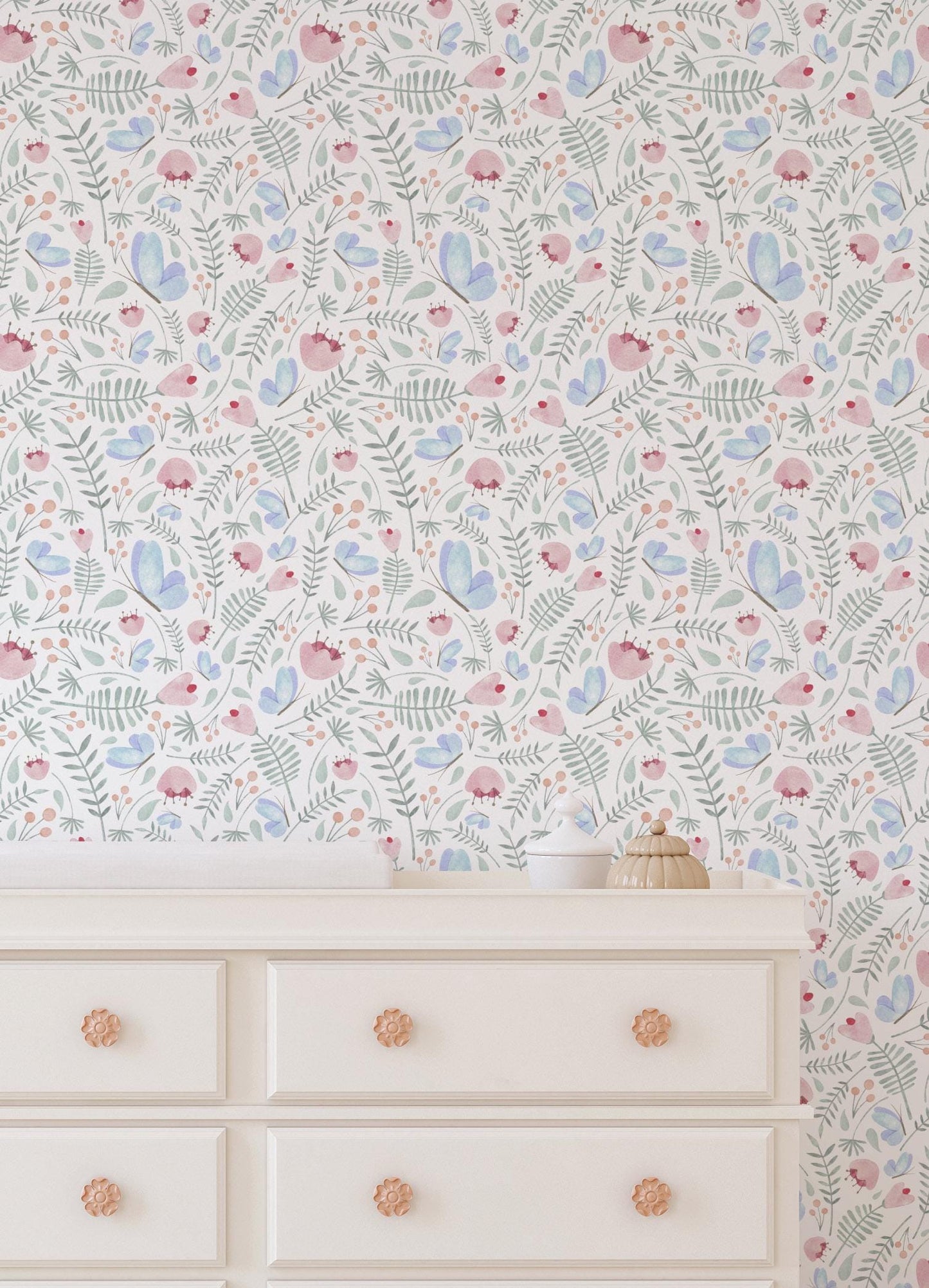 Annie Whimsical Floral Wallpaper / Whimsical Wallpaper / Butterfly Wallpaper / Pastel Wallpaper / Nursery Decor / Nursery Wall