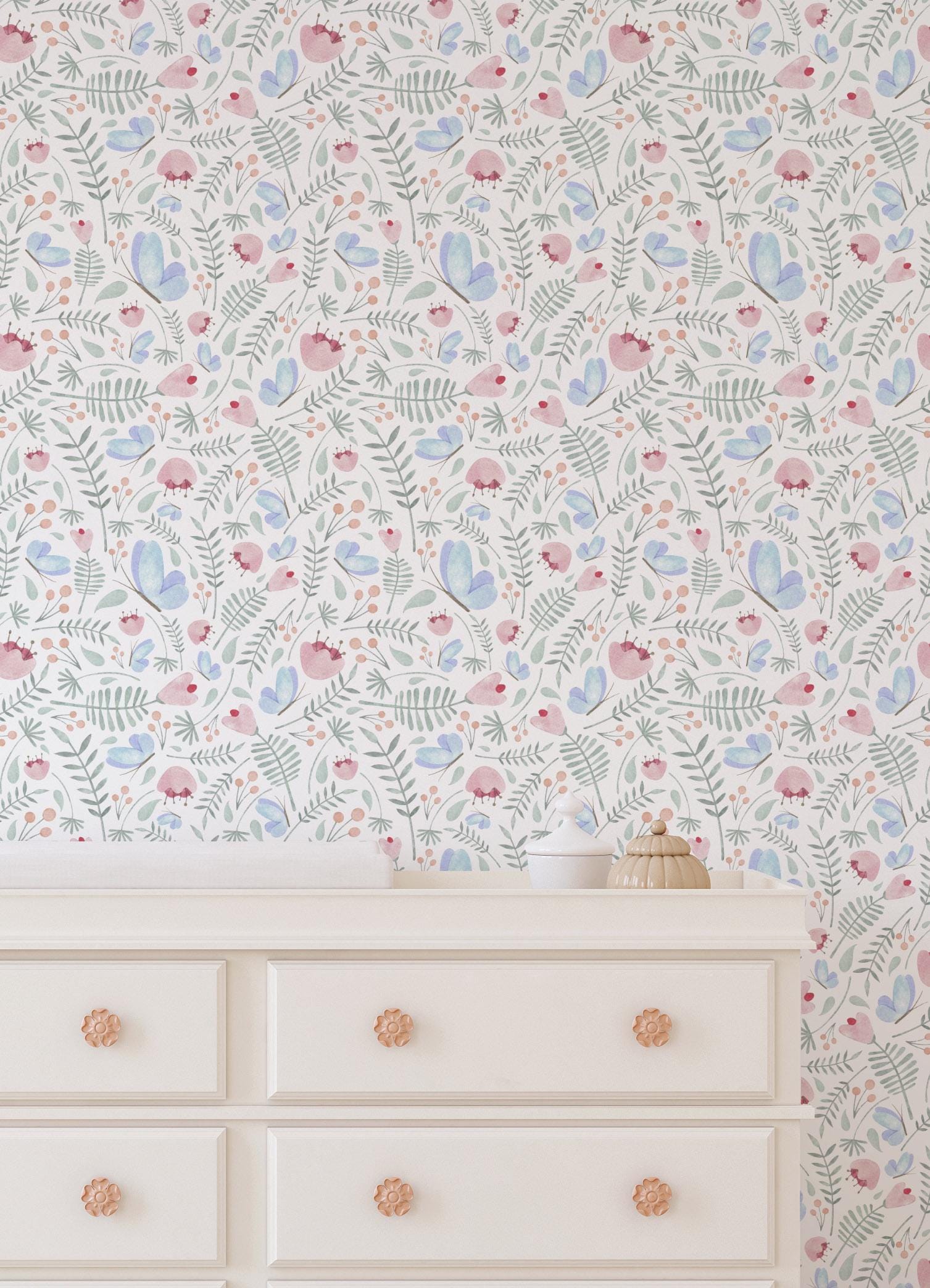Annie Whimsical Floral Wallpaper / Whimsical Wallpaper / Butterfly Wallpaper / Pastel Wallpaper / Nursery Decor / Nursery Wall
